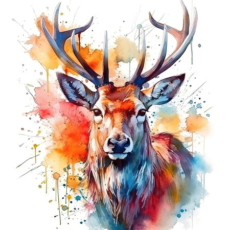 Watercolor portrait of a stag with antlers with colorful, bright, vibrant, and trippy colorsの素材