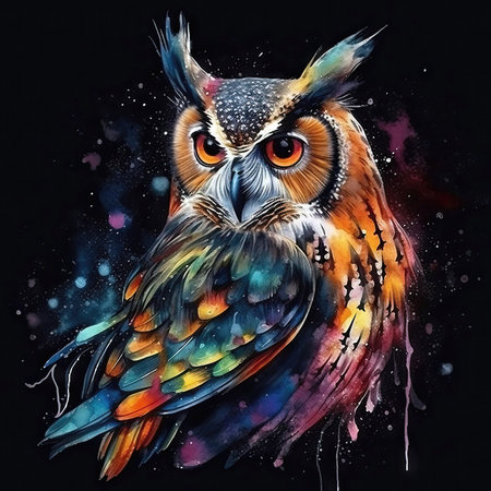 Watercolor portrait of an beautiful majestic owl in colorful, bright, vibrant, and trippy colorsの素材