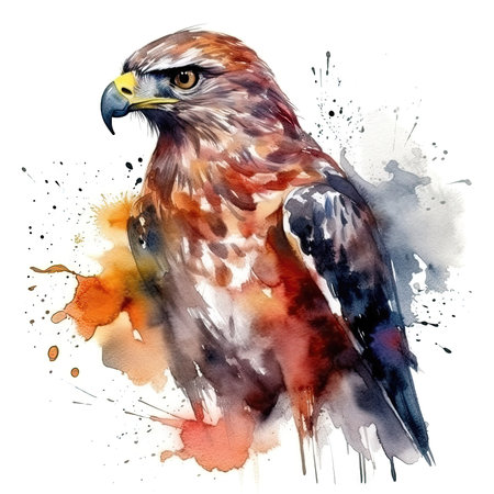 Watercolor portrait of a beautiful red tailed hawk in colorful, bright, vibrant, and trippy colorsの素材