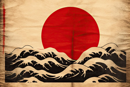 A Japanese flag rendition in the style of a Ukiyo-e Japanese woodblock printの素材
