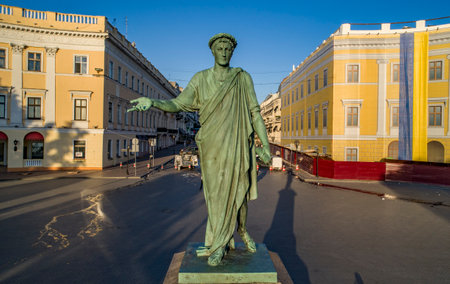 Elevated drone shot of the Duke of Richelieu statue on Prymorski Boulevard Odessa. Taken at sunriseのeditorial素材
