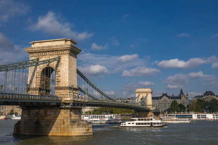 Static shot of the Chain Bridge in Budapest. Taken from the Buda side of the Danube on a September afternoonのeditorial素材