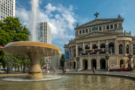 Alte Oper, the opera theatre in Frankfurt taken from Opernplatz with a fountain in the foregroundのeditorial素材