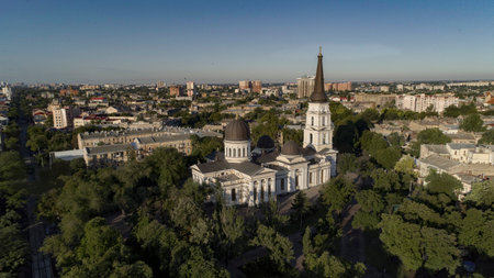 Aerial view of  Spaso-Preobrazhensky Cathedral, Odessa taken from a drone over Cathedral square in summerのeditorial素材