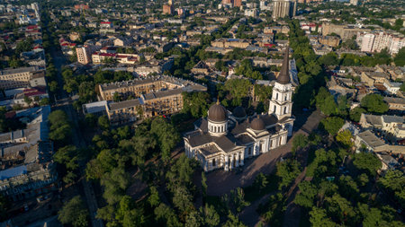 Aerial view of  Spaso-Preobrazhensky Cathedral, Odessa taken from a drone over Cathedral square in summerのeditorial素材