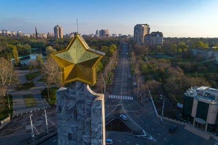 Golden star on top of the Wings of Victory in Victory Square, Odessa Ukraine. Taken from a droneのeditorial素材