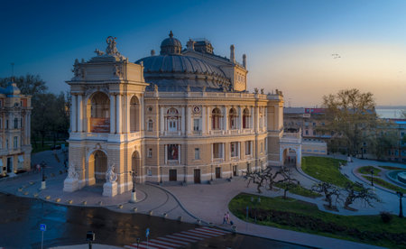Beautiful elevated drone image of the Odessa Opera House Ukraine at sunrise.のeditorial素材