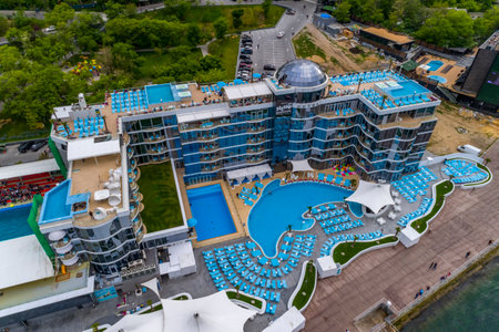 Elevated aerial shot of Nemo Hotel and Dolphinarium at Langeron Beach Odessa Ukraineのeditorial素材