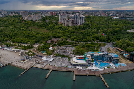 Aerial drone image of Langeron Beach and Shevchenka Park in Odessa Ukraineのeditorial素材