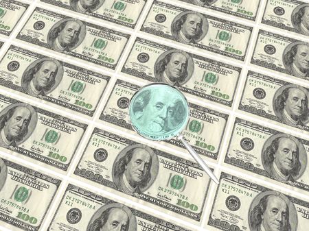 A computer generate image of a magnifying glass taking a close look at the US currency.の写真素材