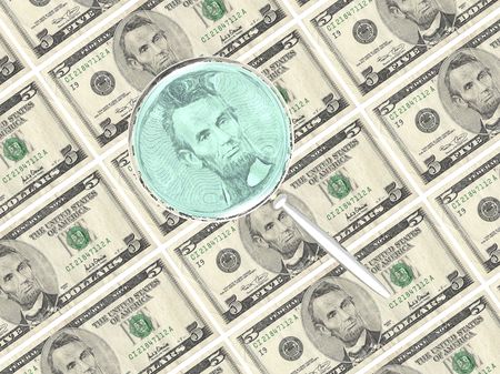 A computer generate image of a magnifying glass taking a close look at the US currency.の写真素材