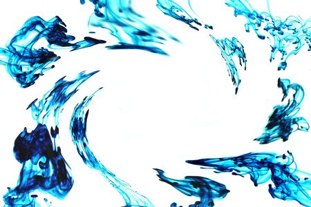 Multiple drops of blue ink swirling to form a frame as they move through water, isolated on white.の写真素材