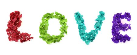The word LOVE spelled using colorful leaves.の写真素材
