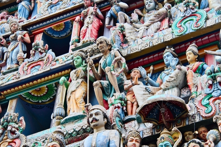 The decorations on the faÃ§ade of an Indian temple.の写真素材