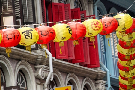 Chinese lanterns over the street in Chinatown, Singaporeのeditorial素材