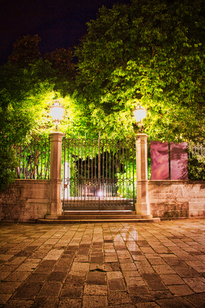 A closed park gate at night with 2 lamps and trees.の写真素材
