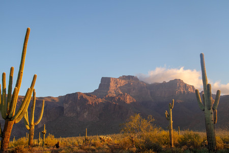 Morning image of the Superstition Mountains of Arizona with a cloud over the peaks reflecting the morning light.の写真素材