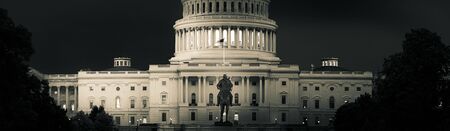 Panorama of the Capitol of the Unites States in evening light with the statue of President Grant in...