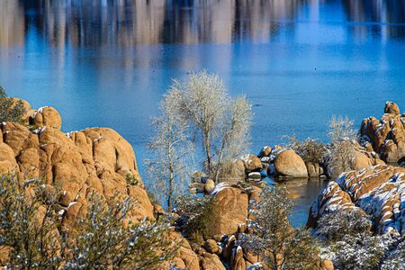 A tree between the rocks at Watson Lake with blue water in the background.の写真素材