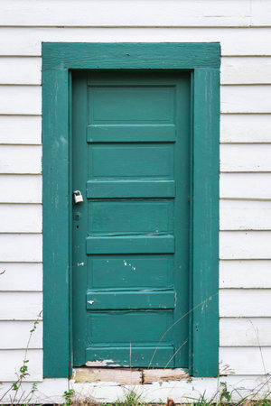 An old green door on the side of a white building with some weeds on the bottom of the image.