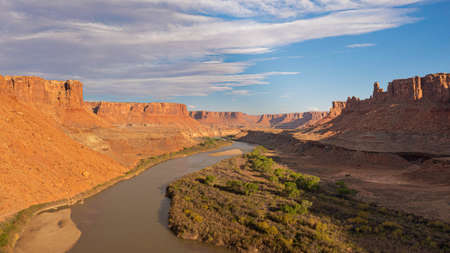 Aerial photo of Canyonlands National Park looking south over the Green River into the orange canyons...