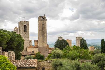 The towers of the small medieval hilltop town of San Gimignano in Tuscany, Italy, Europe.の写真素材