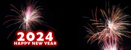 A banner with 2024 Happy New Year with fireworks on a black background.の写真素材