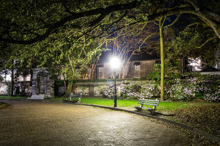 The haunted Washington Square in Charleston, South Carolina at night illuminated by the park lights.の写真素材