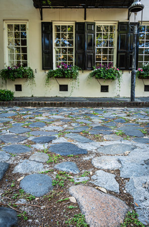 A very low angle photo on a cobblestone street facing a home in evening light.の写真素材