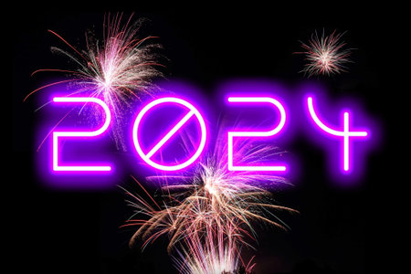 A banner for 2024 New years with fireworks on a black background.の写真素材