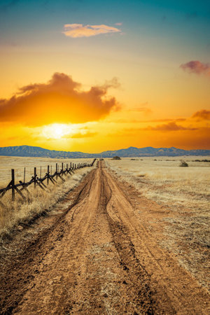 A lonely dirt road through the grasslands along the border between the United States and Mexico in Arizona.の写真素材