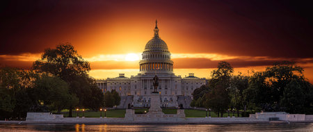 Panoramic image of the Capitol of the United States with the capitol reflecting pool in morning light.の写真素材