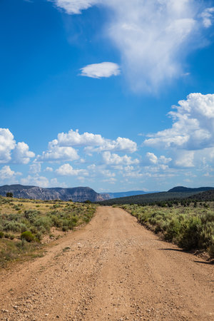 A rural dirt road leading off to distant mountains under a partially cloudy blue sky.の写真素材