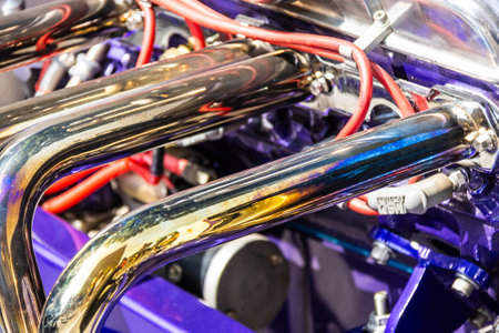 Close up detail of the engine of a hot rodの写真素材