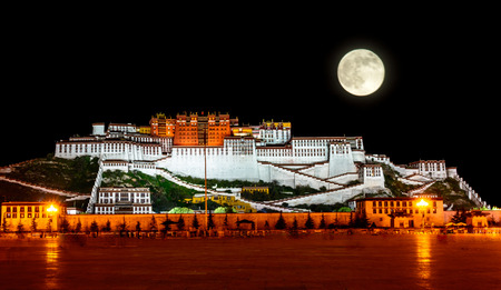 the Potala Palace under the full moon in Lhasa, Tibet.のeditorial素材