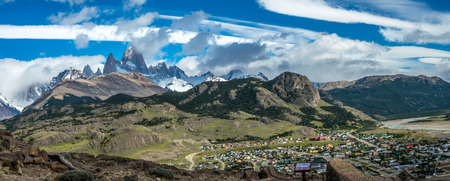 The bird eye view of the El Chalten with the background of Fitz Roy which is a village within Los Glaciares National Park in Argentina Santa Cruz province.のeditorial素材