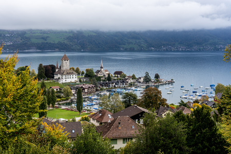 The bird's eye view of the Spiez town of the Switzerland.の写真素材