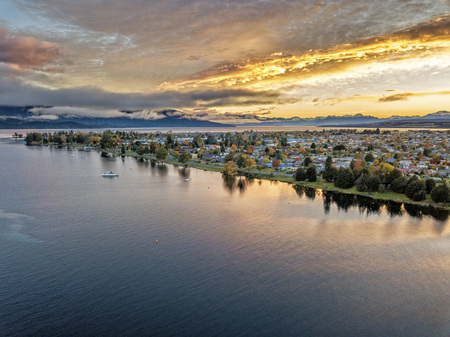 The bird's eye view of Te Anau lake and town in Autumn at the southisland, New Zealand.