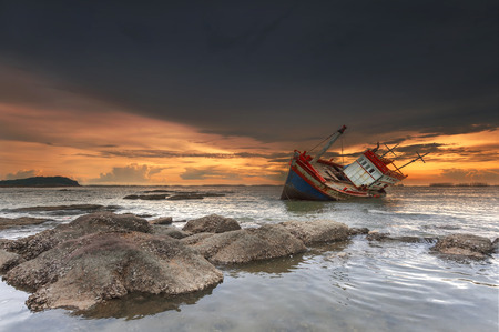 ship wrecked at sunset in Chonburi ,Thailandの写真素材