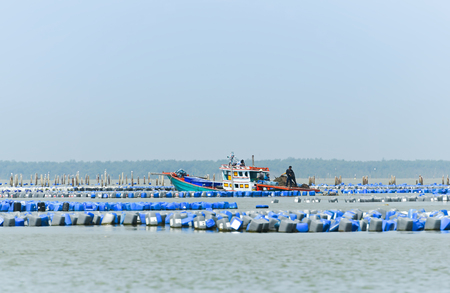 Oyster farm,and Oyster boat in sea of Thailandの写真素材