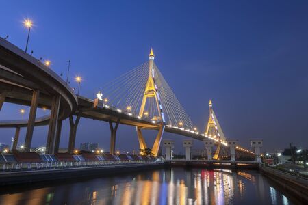 Bhumibol Bridge at blue skyの写真素材