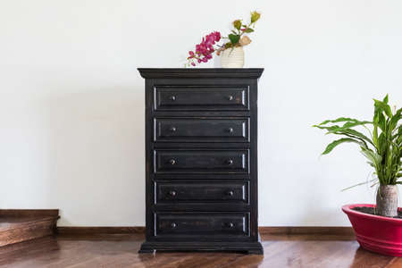 flower port on a cabinet among other plant with white backgroundの写真素材