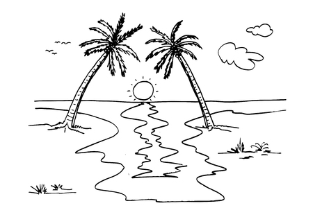 vector hand draw sketch beach with coconut tree, sun, cloud and grassの写真素材