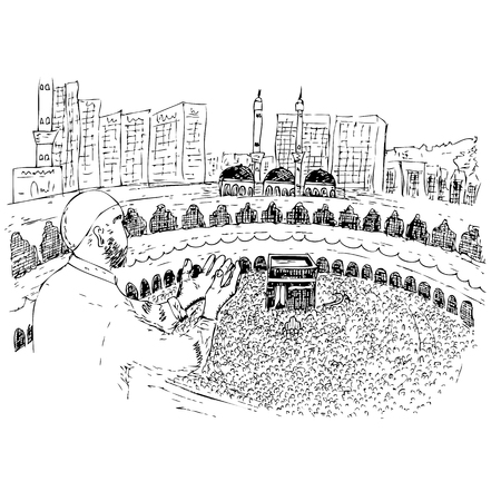 vector sketch of Muslim, (Islam man) Pray in front of Kaaba in Mecca Saudi Arabiaの写真素材