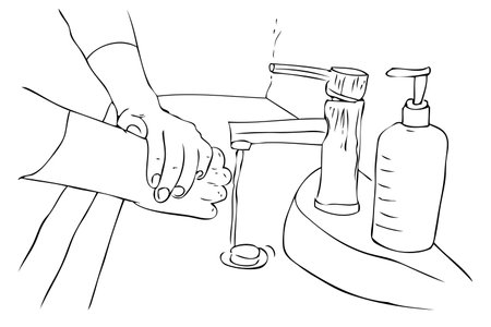 Simple Manual Draw, Washing Hand using Liquid Soap at wastafel, Covid-19 Virus Prevention&#xA;のイラスト素材