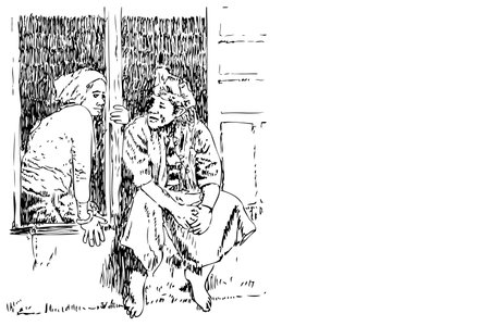 Vector, a Couple enjoy chit chat at their traditional house window&#xA;のイラスト素材