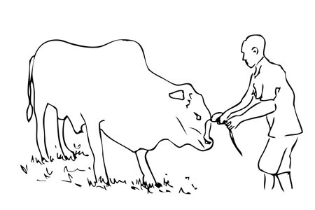 Vector Manual Draw Sketch Cow and The Owner&#xA;のイラスト素材