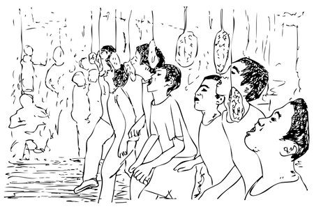 simple Manual Hand Draw sketch Prawn Cracker Eating Fun Games or competition, common games at indonesia independence day Celebration&#xA;のイラスト素材