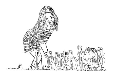 Beautiful Woman Picking a Flower, simple vector manual hand draw sketchのイラスト素材