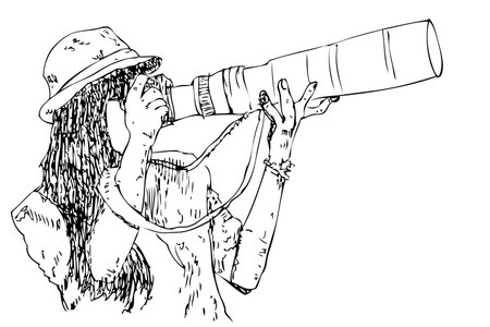 Woman Photographer Take a Picture, using dlsr, tele lens attatched, simple vector manual hand draw sketch&#xA;のイラスト素材